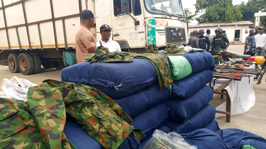 Lagos Police intercept truck with 47 sacks of military uniforms, 80 cartons of suspected drugs