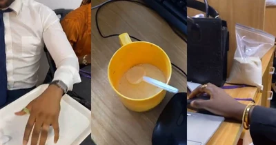 “Nobody Is Ordering Food Today” – Lady shows colleagues drinking garri at work (Watch)